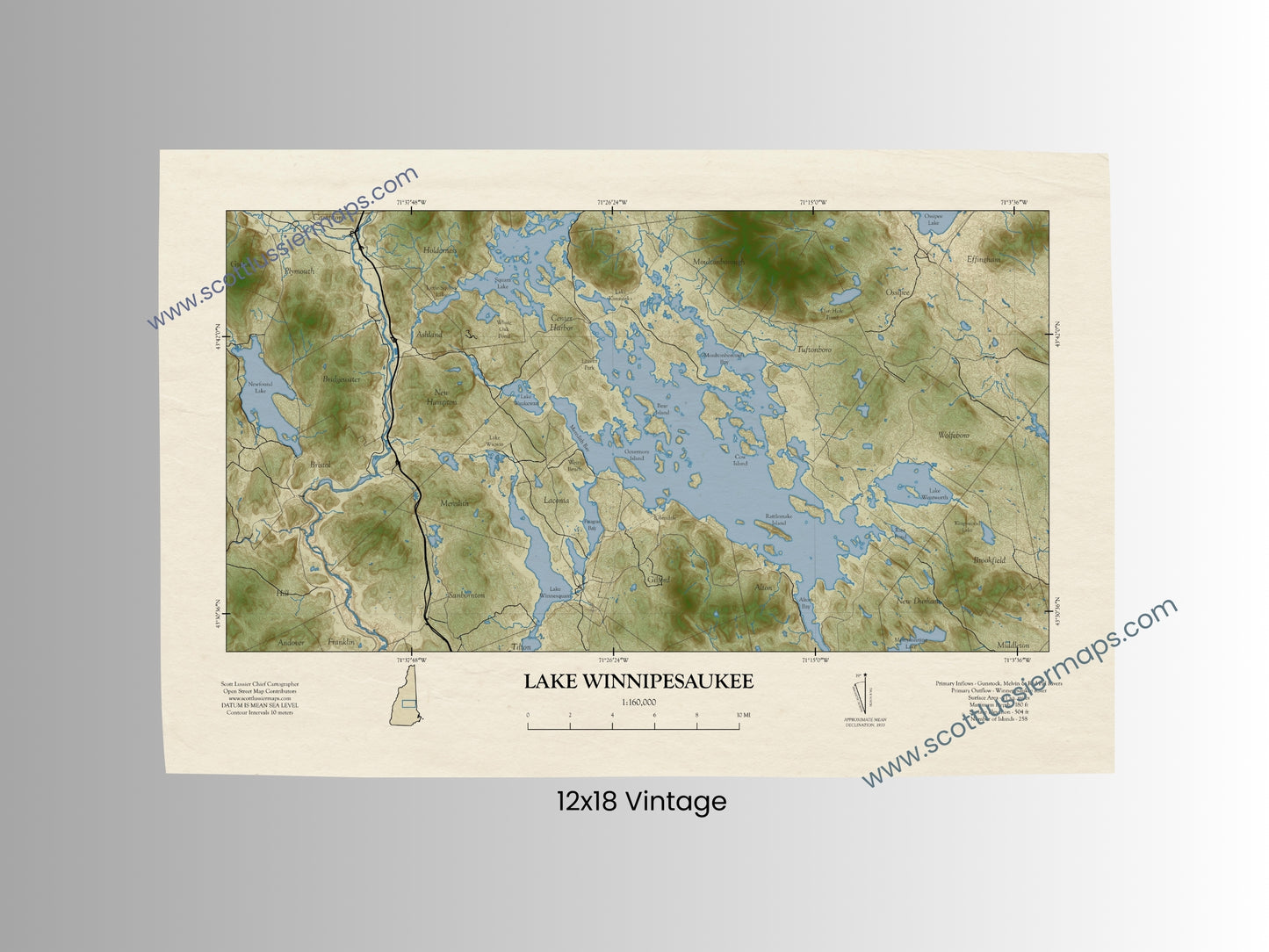 Lake Winnipesaukee New Hampshire VINTAGE Map Art Print