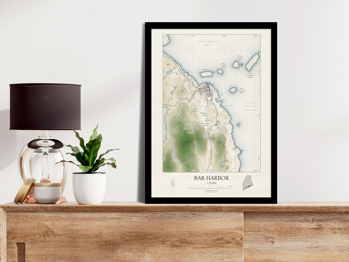 Bar Harbor Maine Map Art Print SHORELINE OR VINTAGE avail in two sizes 0625