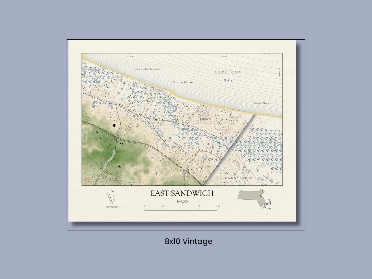E. Sandwich Mass Cape Cod Map Art Print Vintage Shoreline Style