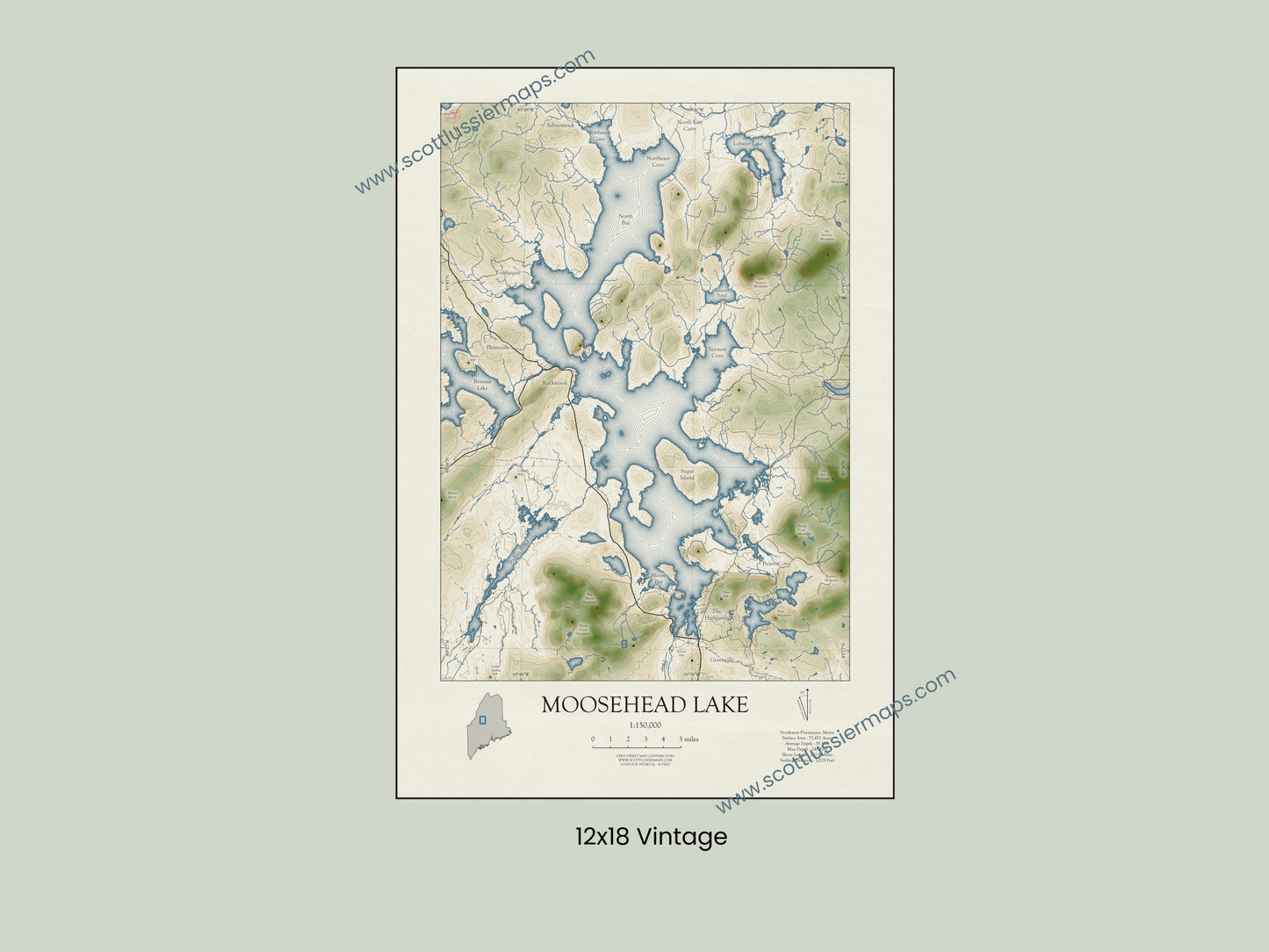 Moosehead Lake Maine VINTAGE Map Art Print
