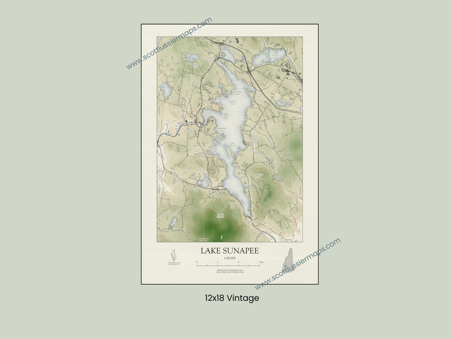 Lake Sunapee New Hampshire VINTAGE Map Art Print 0225