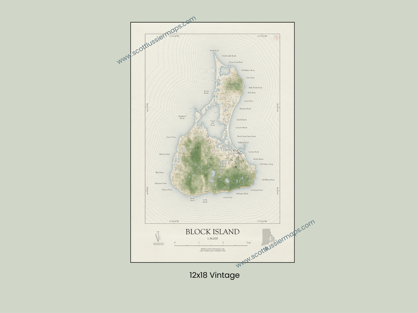 Block Island Rhode Island VINTAGE Map Art Print 0325