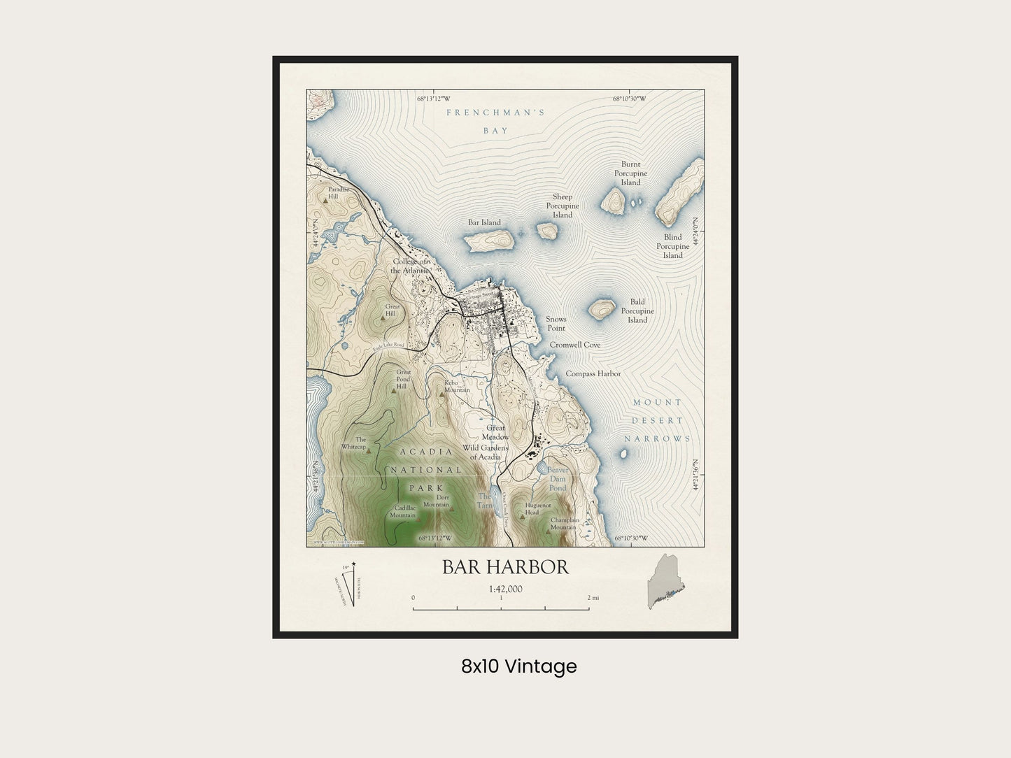 Bar Harbor Maine Map Art Print SHORELINE OR VINTAGE avail in two sizes 0625