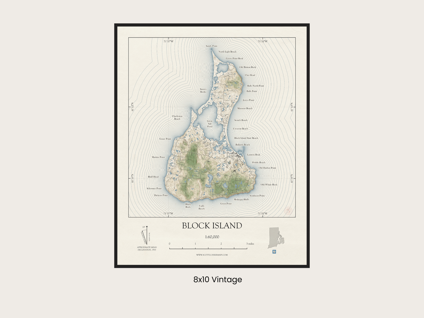 Block Island Rhode Island VINTAGE Map Art Print 0325