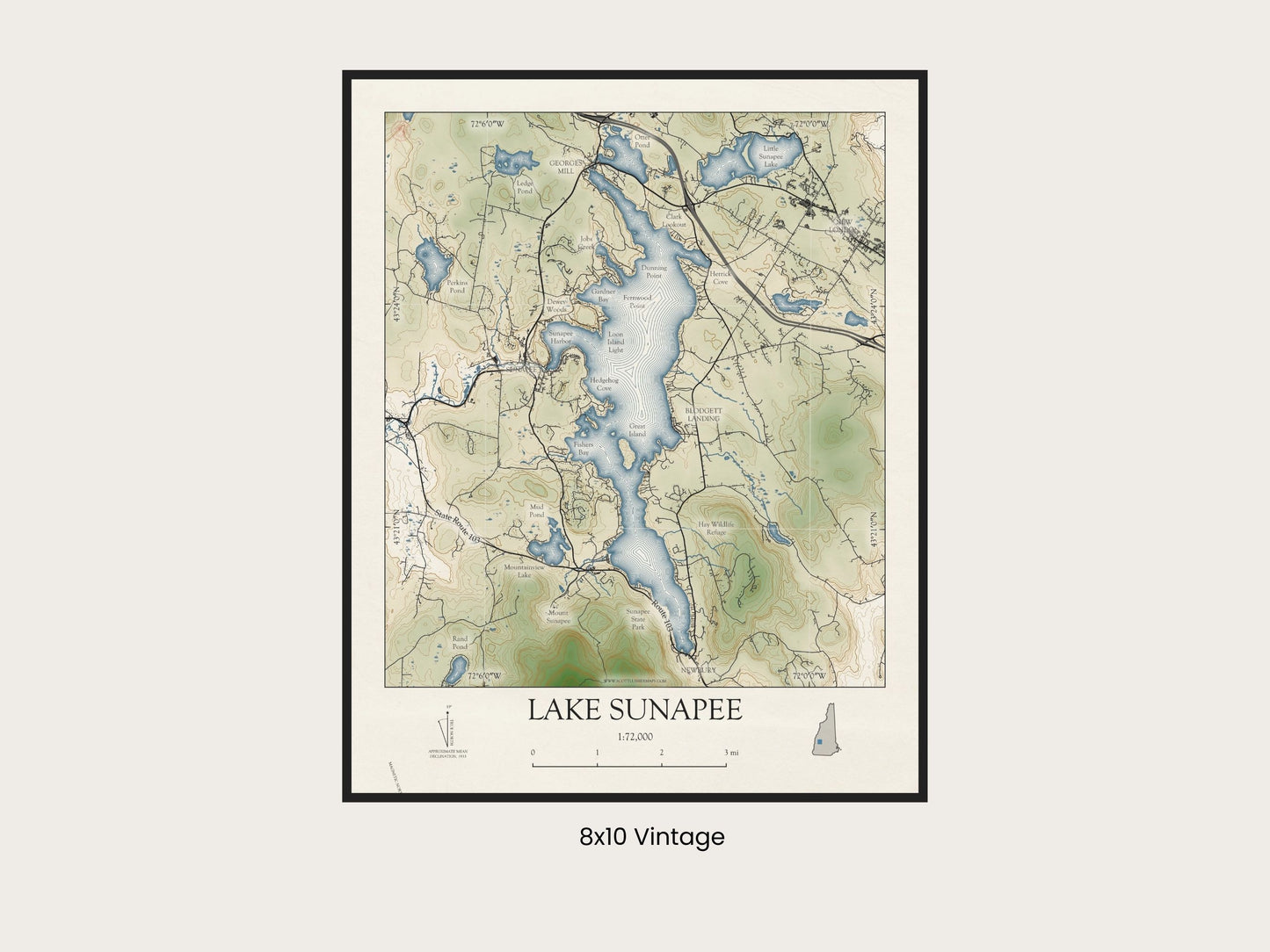 Lake Sunapee New Hampshire VINTAGE Map Art Print 0225