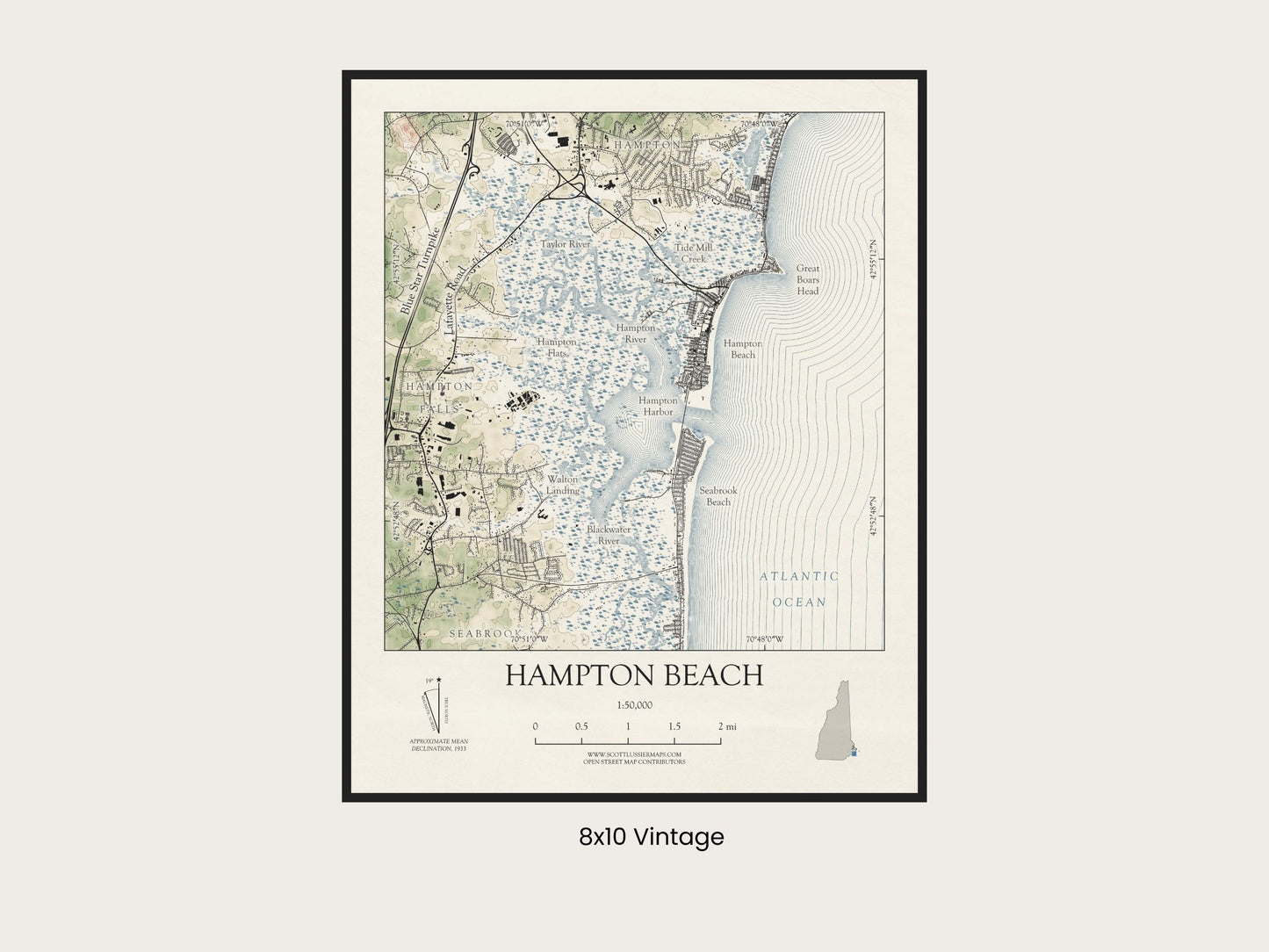 Hampton Beach New Hampshire VINTAGE Map Art Print 0225