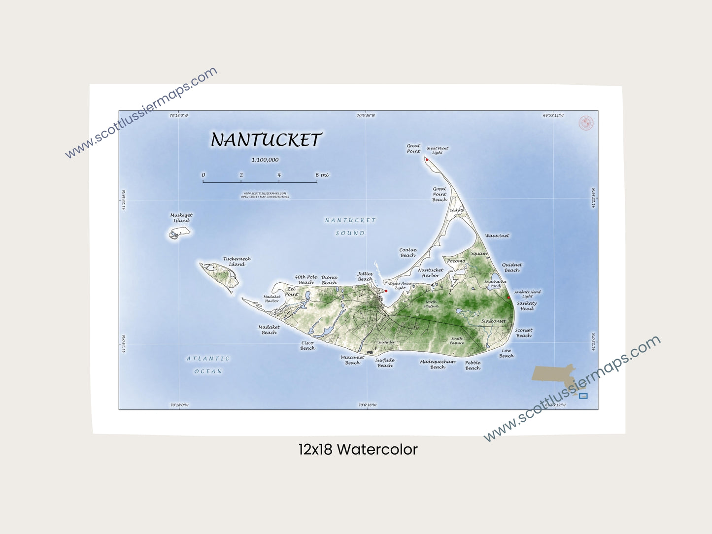 Nantucket Mass Cape Cod WATERCOLOR Map Art Print