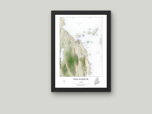 Bar Harbor Maine Map Art Print SHORELINE OR VINTAGE avail in two sizes 0625