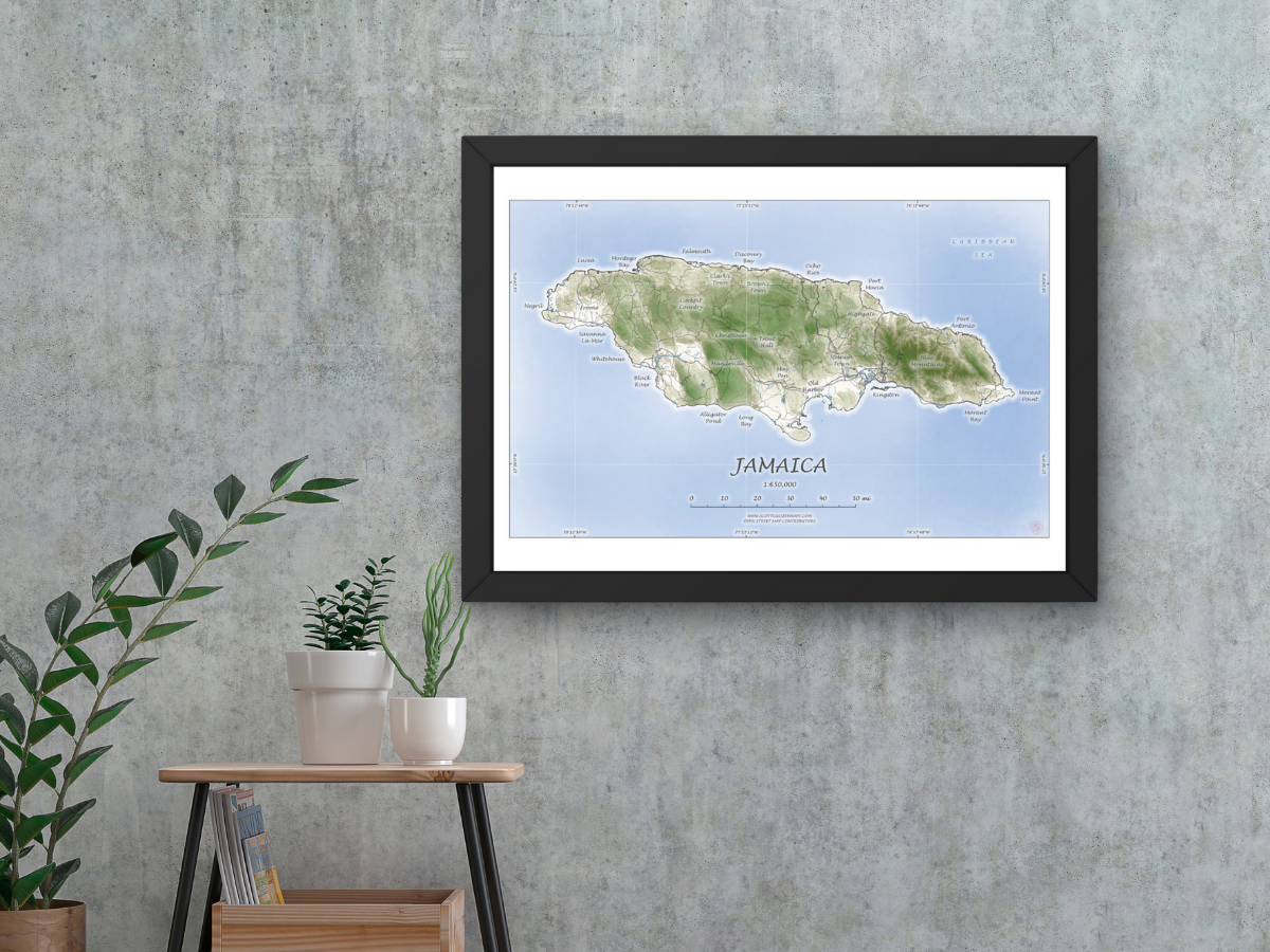 Jamaica Map Art Print Wall Decor Travel Memory Navigate Colorful Ocean Sail Water Home Dorm Work SHORELINE or WATERCOLOR Style