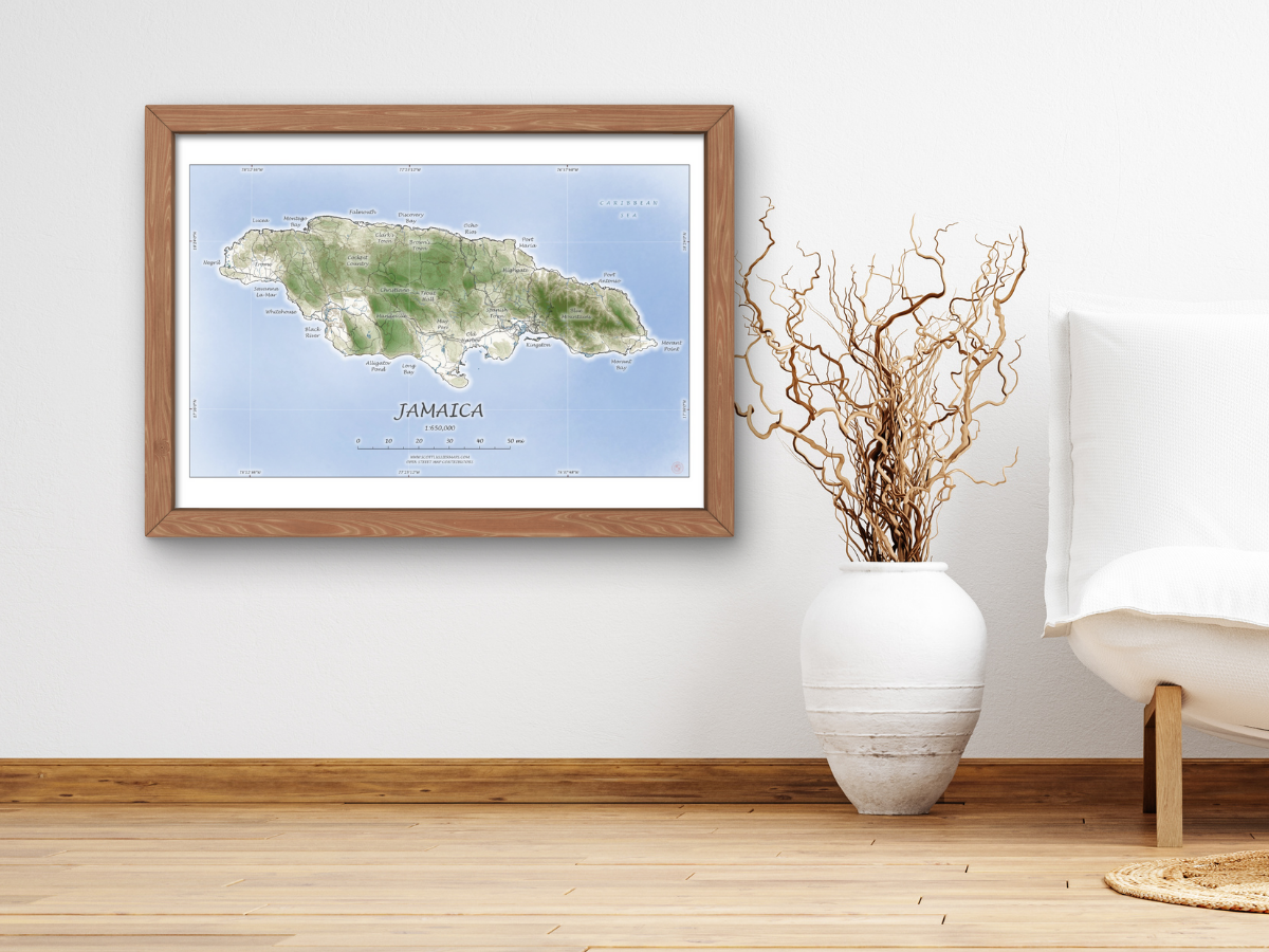 Jamaica Map Art Print Wall Decor Travel Memory Navigate Colorful Ocean Sail Water Home Dorm Work SHORELINE or WATERCOLOR Style