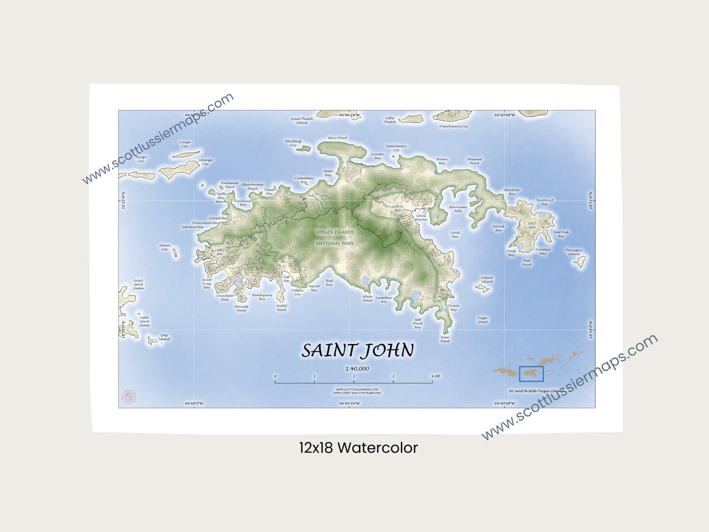 St John USVI Map Art Print Watercolor Style