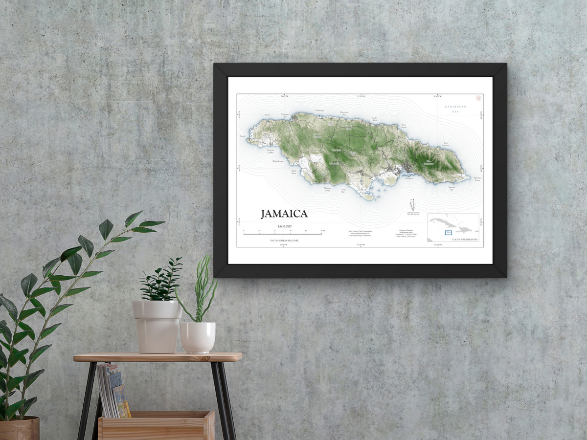 Jamaica Map Art Print Wall Decor Travel Memory Navigate Colorful Ocean Sail Water Home Dorm Work SHORELINE or WATERCOLOR Style