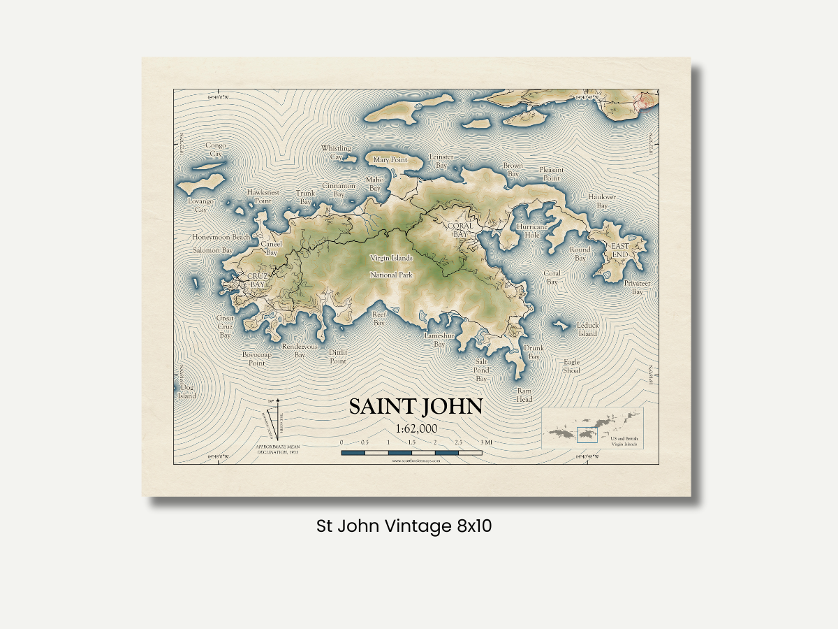 St John USVI Map Art Print Vintage Style (Old version)