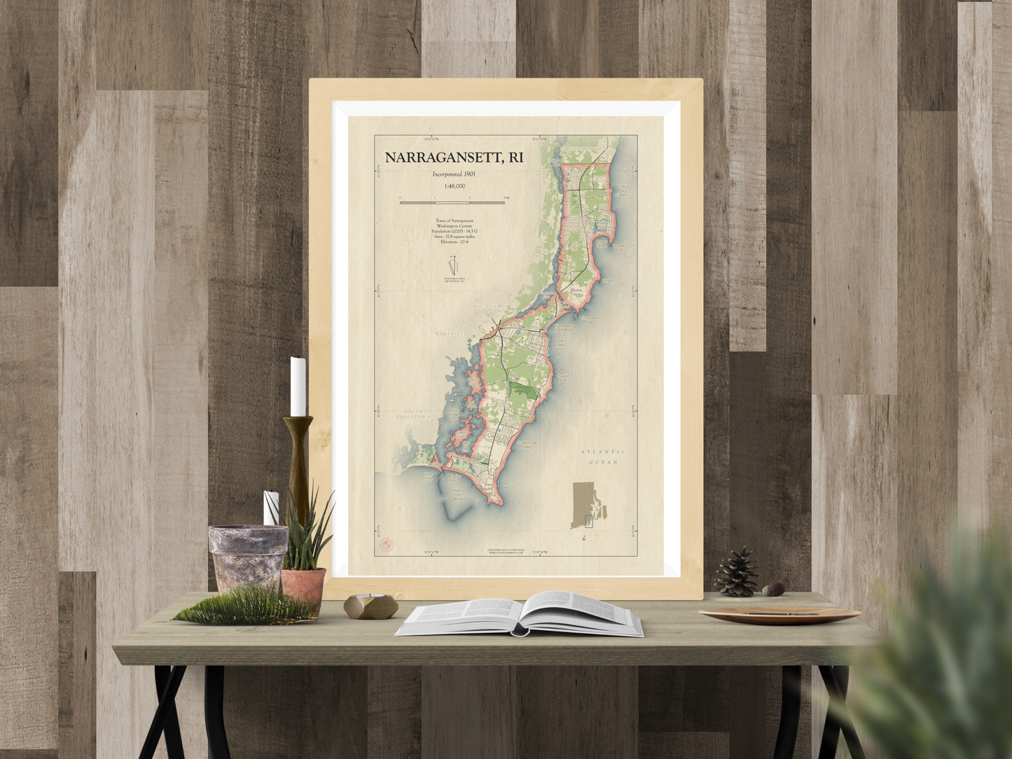 Narragansett Rhode Island Map Art Print HOMETOWN Style
