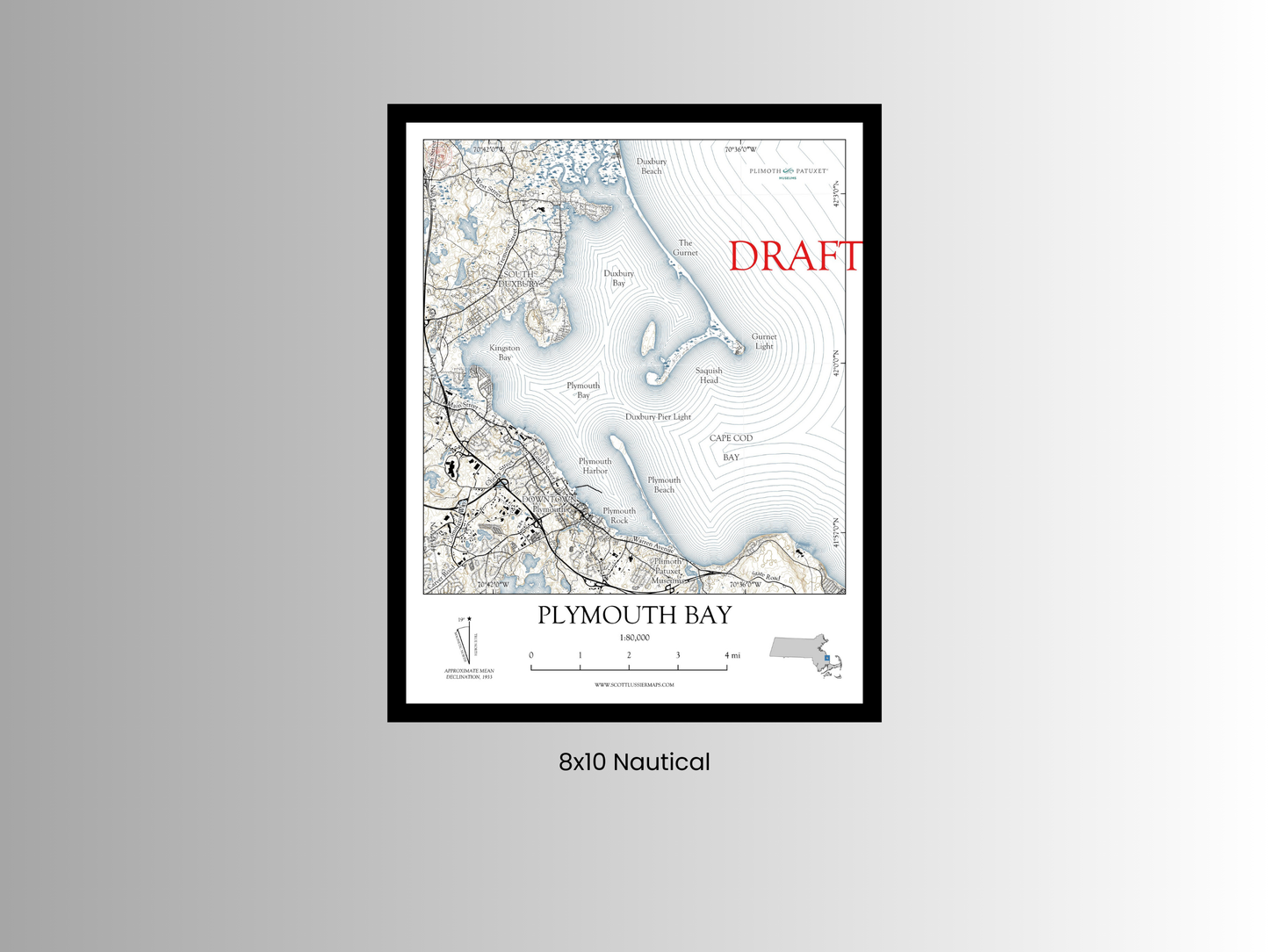 Plymouth Bay Massachusetts NAUTICAL Map Art Print 042025