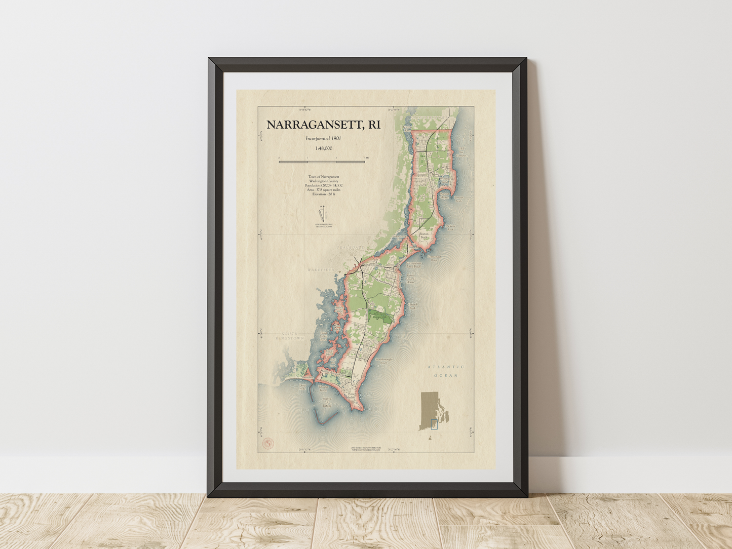 Narragansett Rhode Island Map Art Print HOMETOWN Style