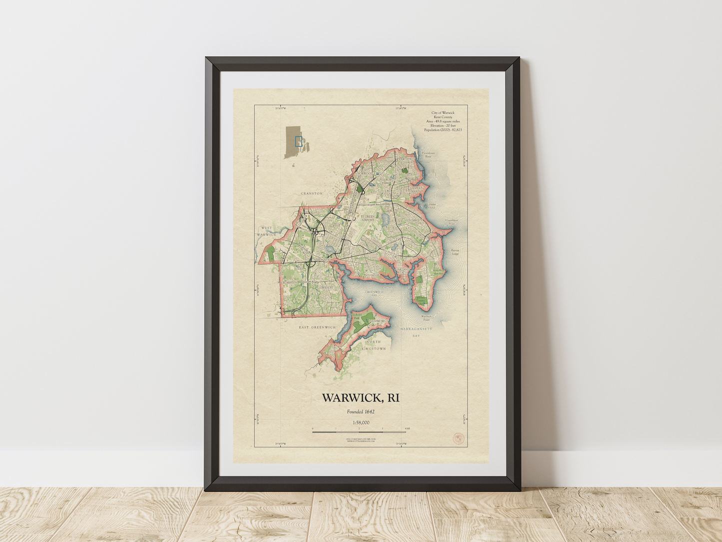 Warwick Rhode Island Map Art Print HOMETOWN Style