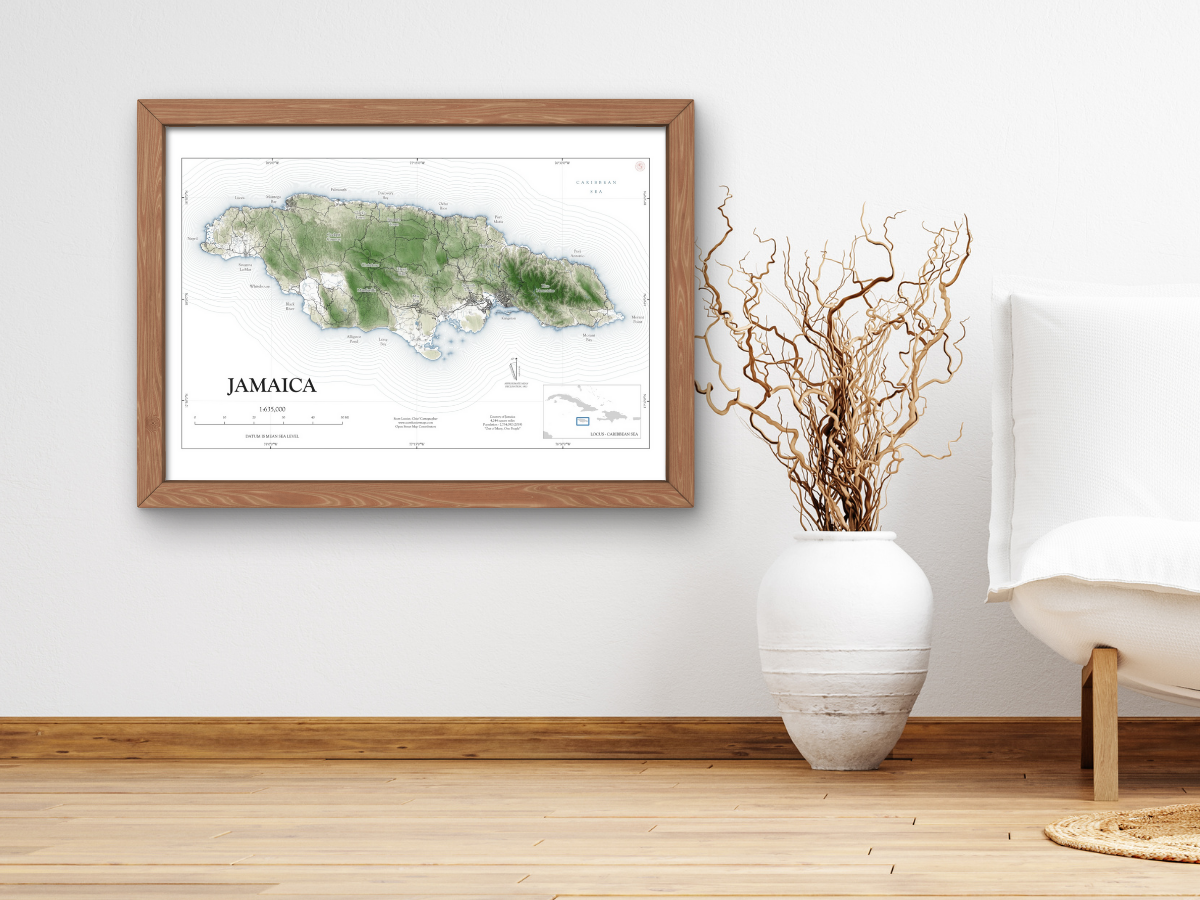 Jamaica Map Art Print Wall Decor Travel Memory Navigate Colorful Ocean Sail Water Home Dorm Work SHORELINE or WATERCOLOR Style