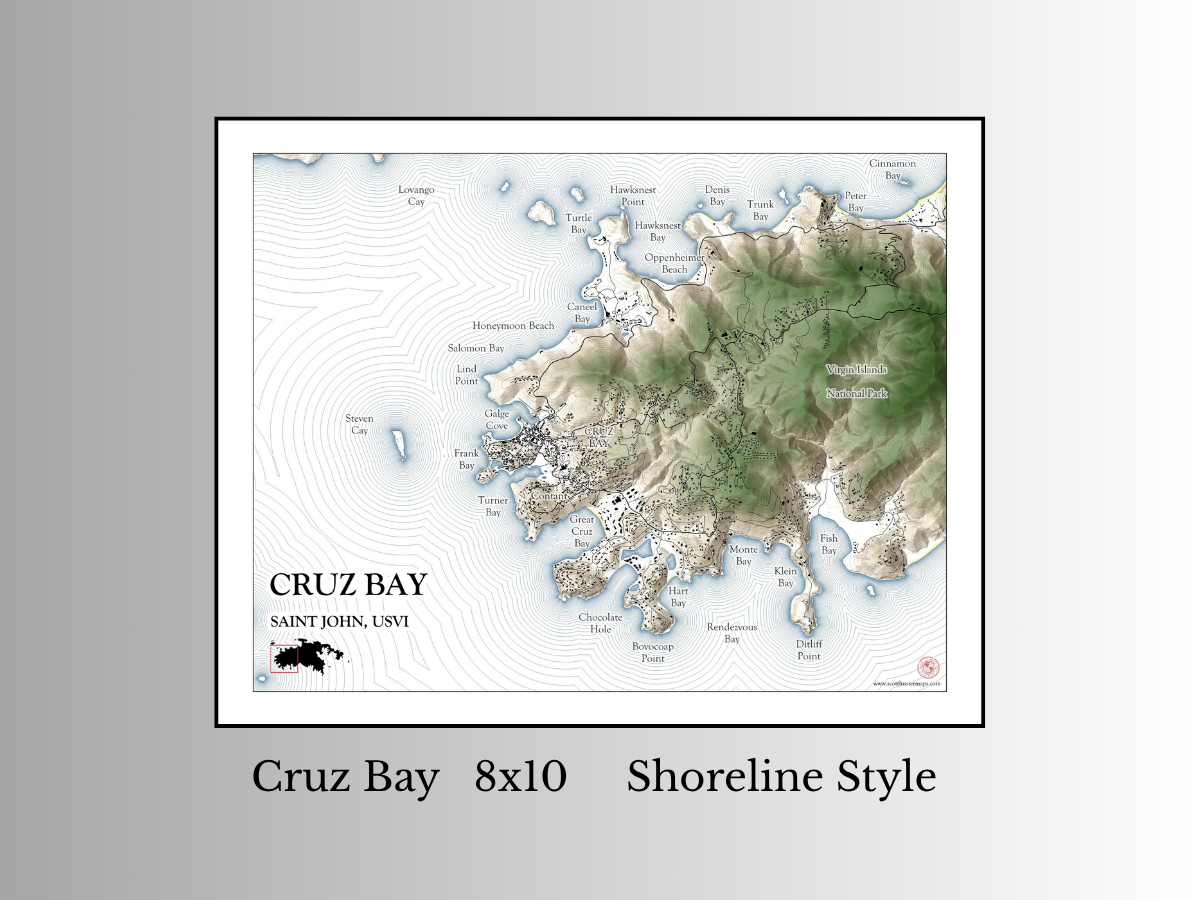 Cruz Bay St John USVI Map Art Print Wall Decor Travel Memory Navigate Colorful Ocean Sail Water Home Dorm Work SHORELINE Style