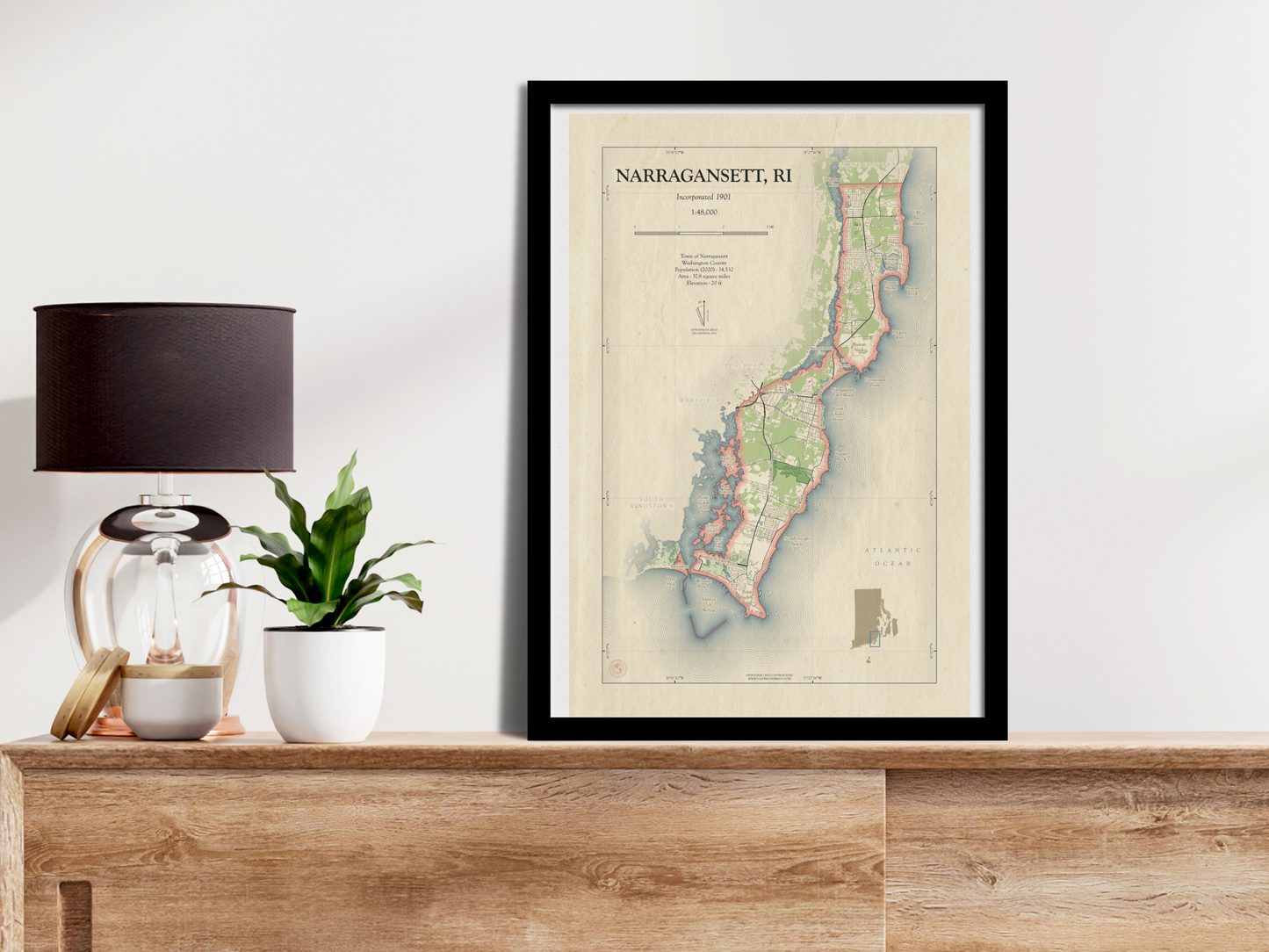 Narragansett Rhode Island Map Art Print HOMETOWN Style