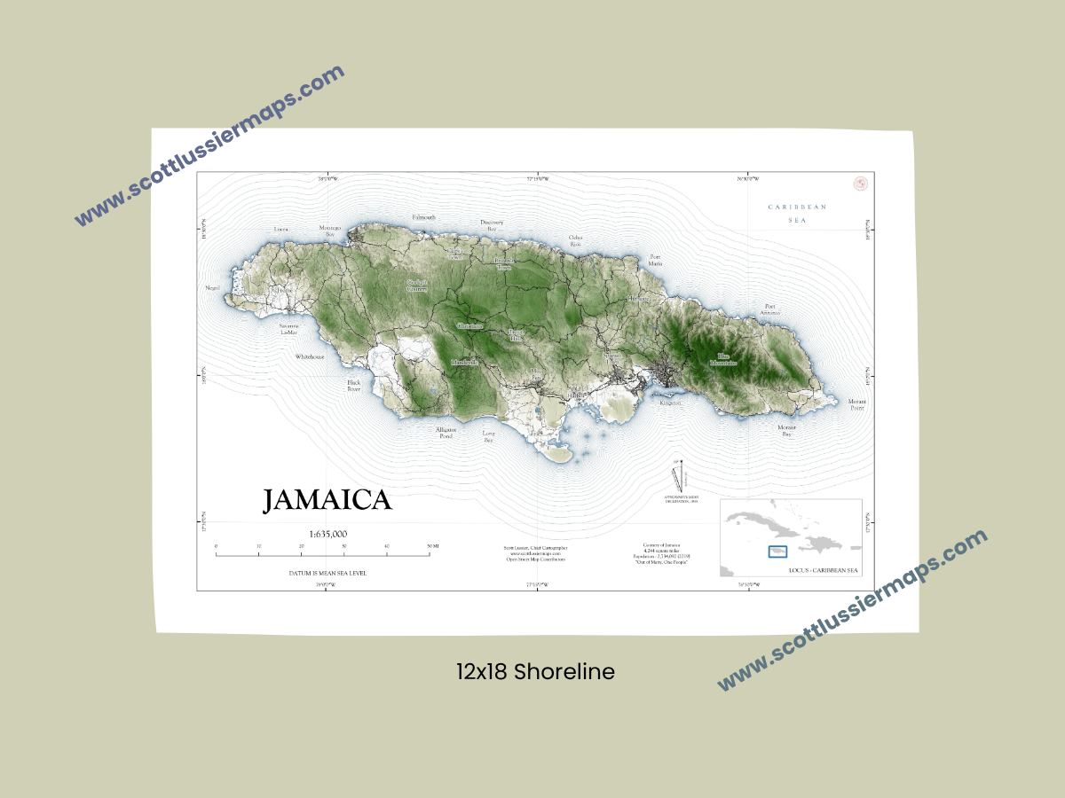 Jamaica Map Art Print Wall Decor Travel Memory Navigate Colorful Ocean Sail Water Home Dorm Work SHORELINE or WATERCOLOR Style