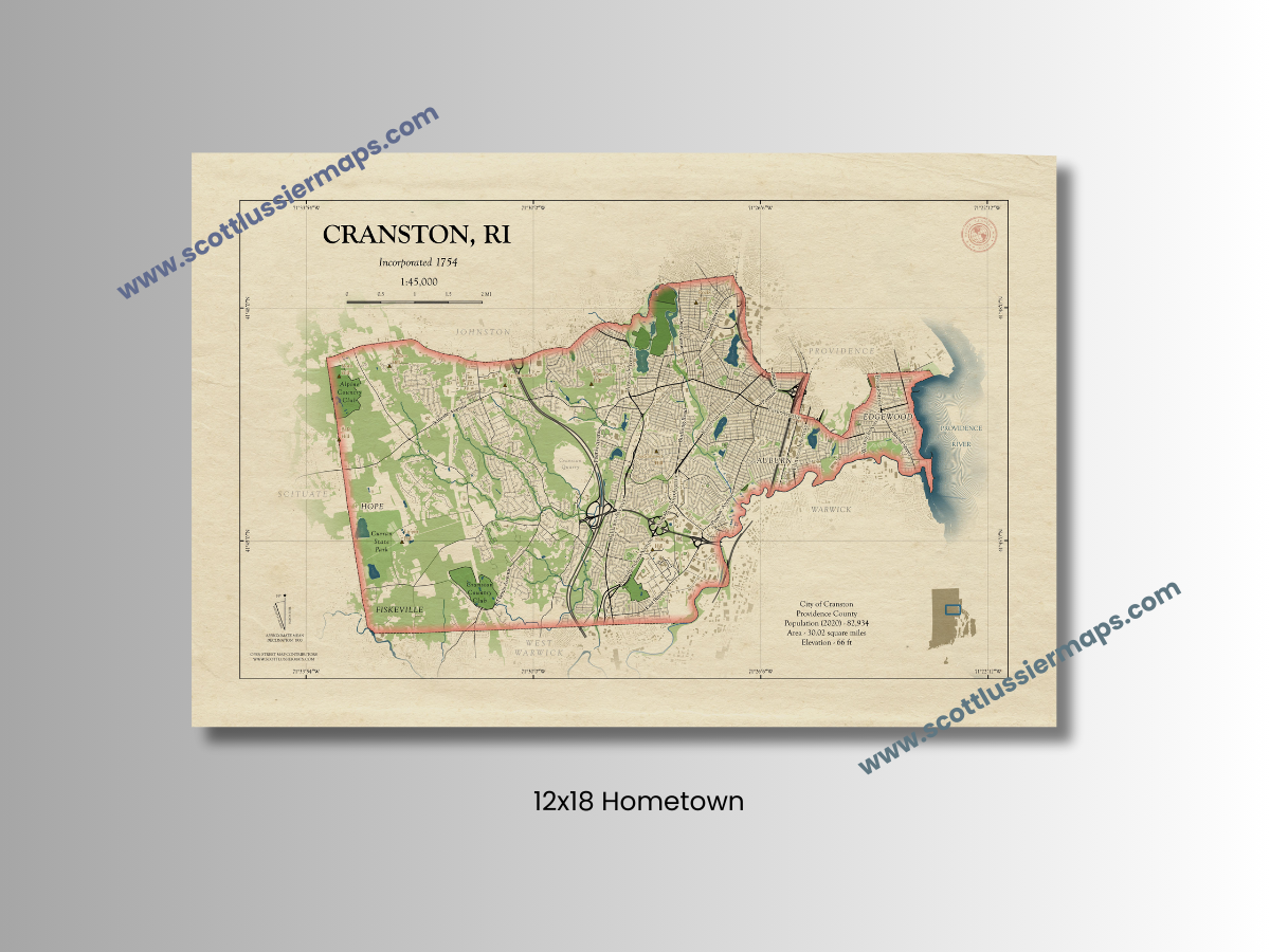 Cranston Rhode Island Map Art Print HOMETOWN Style