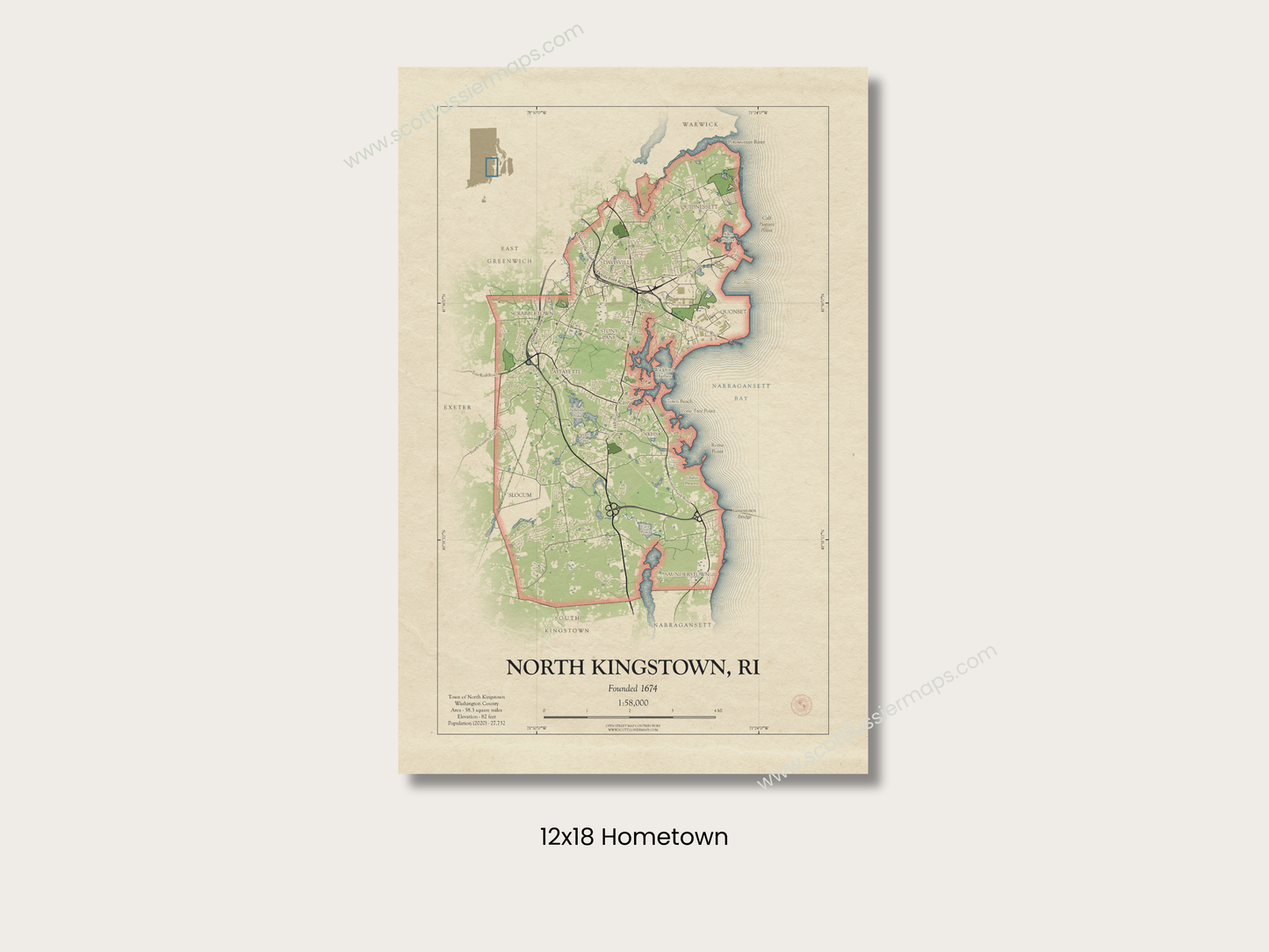 N Kingstown Rhode Island Map Art Print HOMETOWN Style