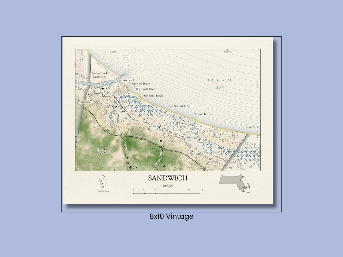 Sandwich Mass Cape Cod Map Art Print Vintage Shoreline Chart or Coastal Style