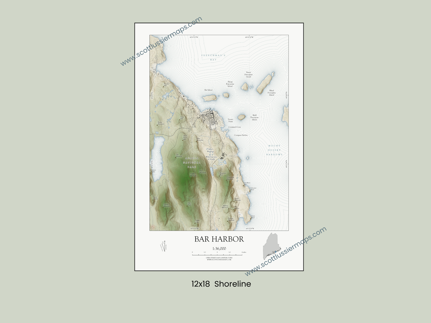 Bar Harbor Maine Map Art Print SHORELINE OR VINTAGE avail in two sizes 0625