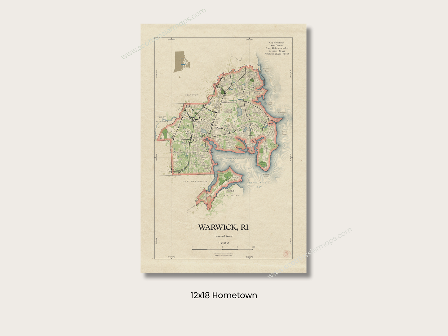 Warwick Rhode Island Map Art Print HOMETOWN Style