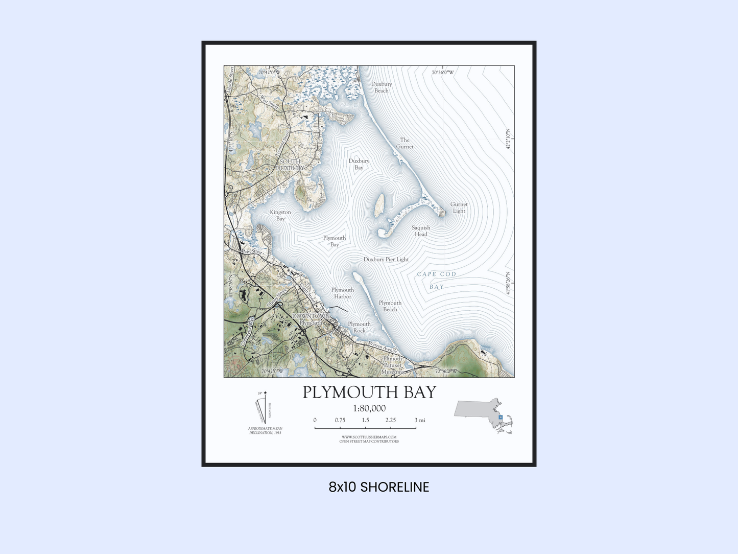 Plymouth Bay Massachusetts Map Art Print SHORELINE Style