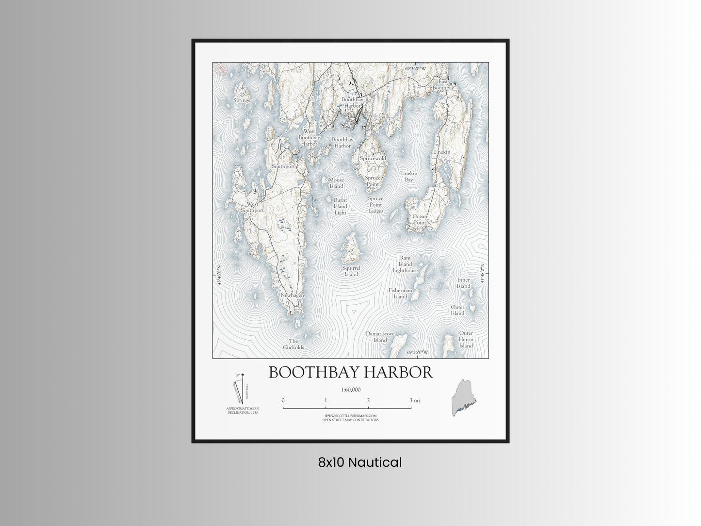 Boothbay Harbor Maine NAUTICAL Map Art Print 0325