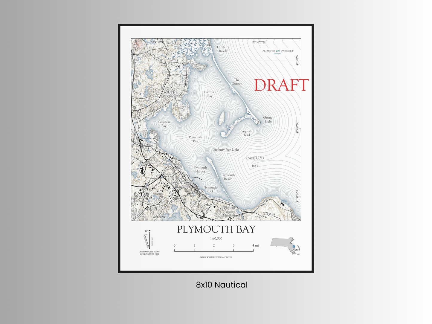 Plymouth Bay Massachusetts NAUTICAL Map Art Print 042025