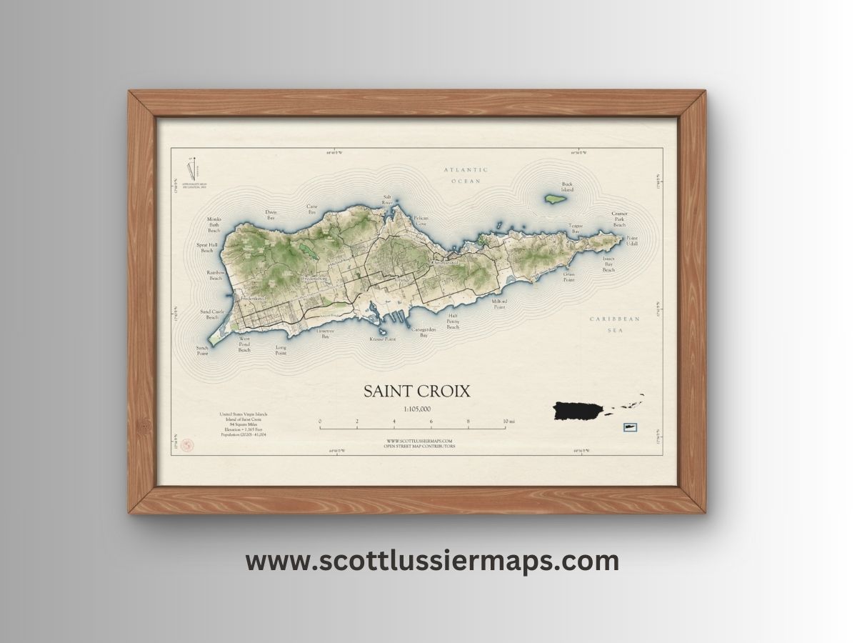 Saint Croix Map Art Print Wall Decor Travel Memory Navigate Colorful Ocean Sail Water Home Dorm Work SHORELINE, VINTAGE or WATERCOLOR style
