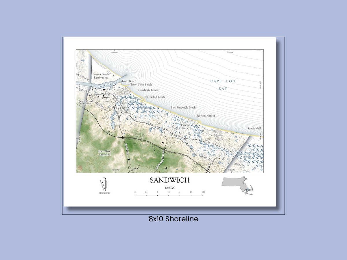 Sandwich Mass Cape Cod Map Art Print Vintage Shoreline Chart or Coastal Style