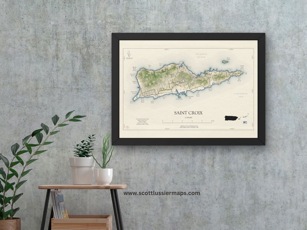 Saint Croix Map Art Print Wall Decor Travel Memory Navigate Colorful Ocean Sail Water Home Dorm Work SHORELINE, VINTAGE or WATERCOLOR style