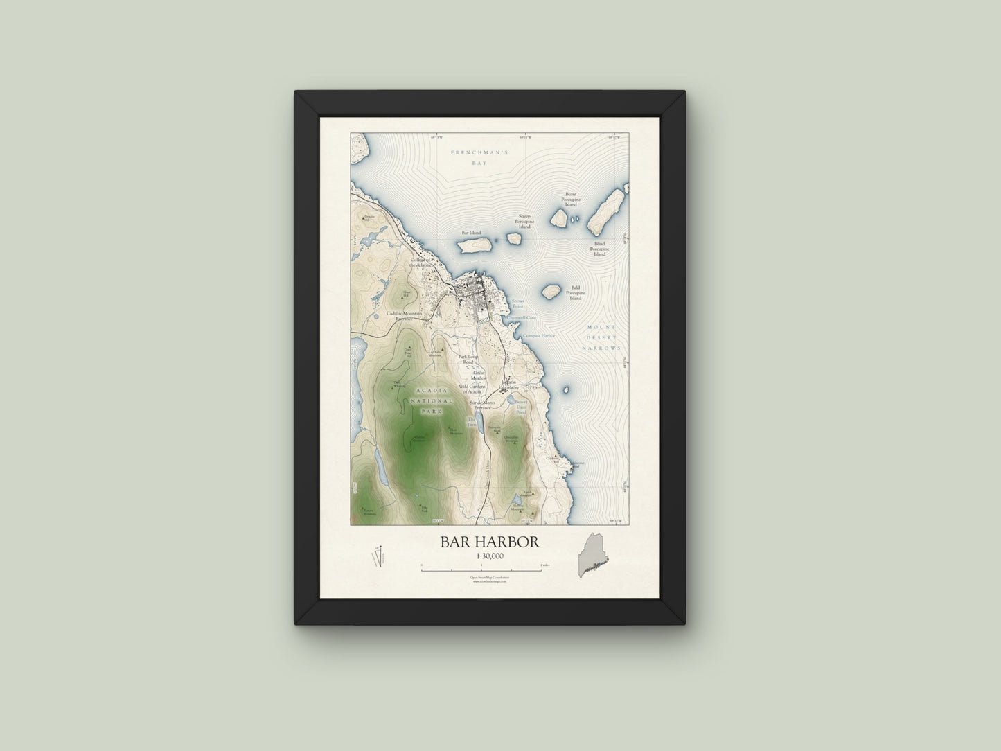Bar Harbor Maine Map Art Print SHORELINE OR VINTAGE avail in two sizes 0625