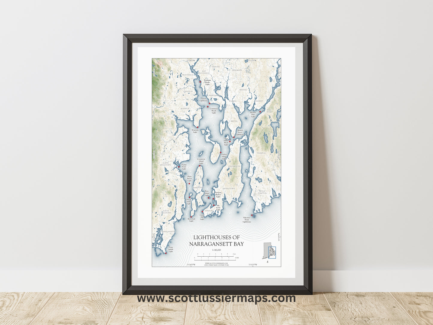 Narragansett Bay Lighthouses Rhode Island VINTAGE Map Art Print