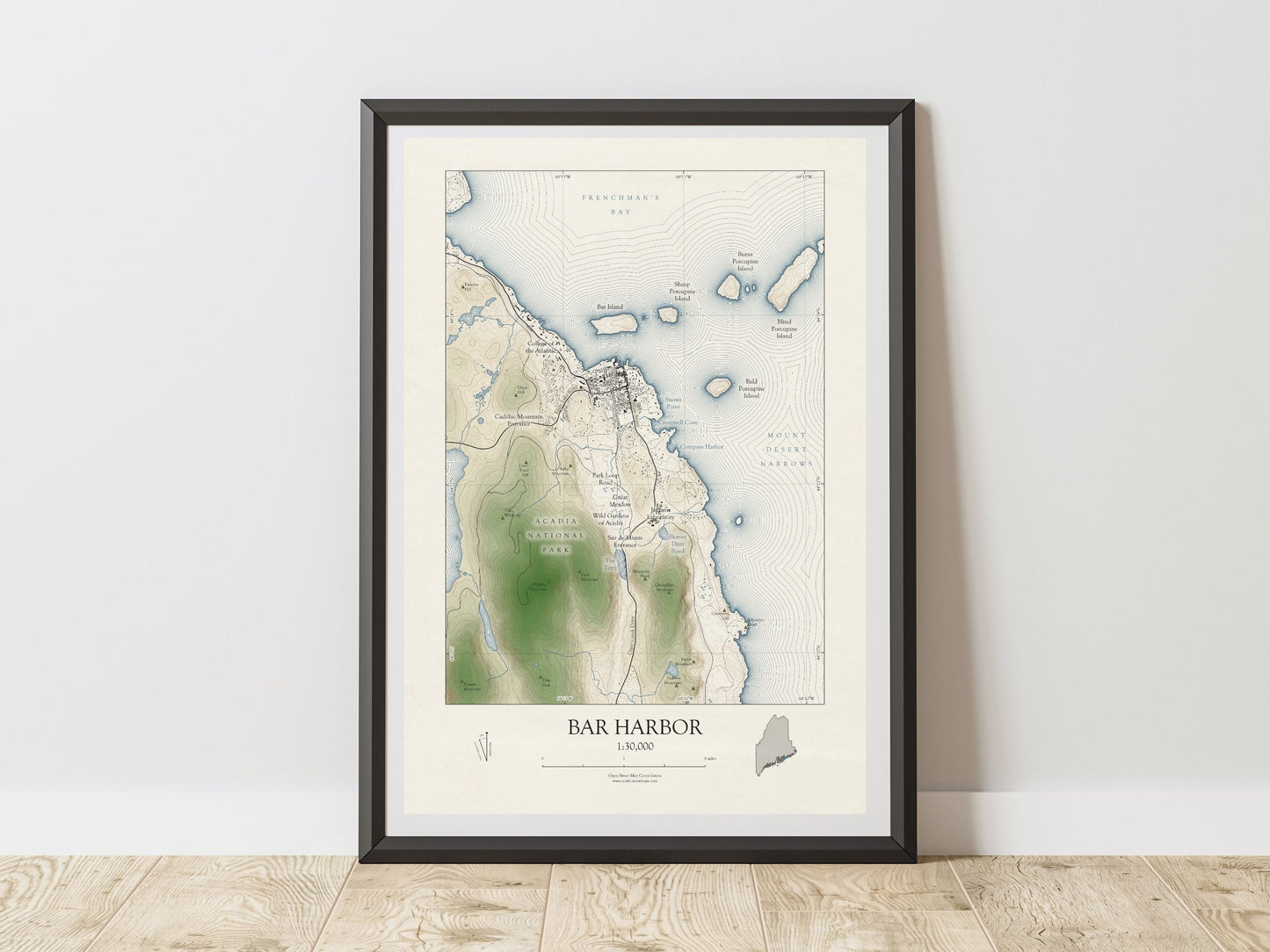 Bar Harbor Maine Map Art Print SHORELINE OR VINTAGE avail in two sizes 0625