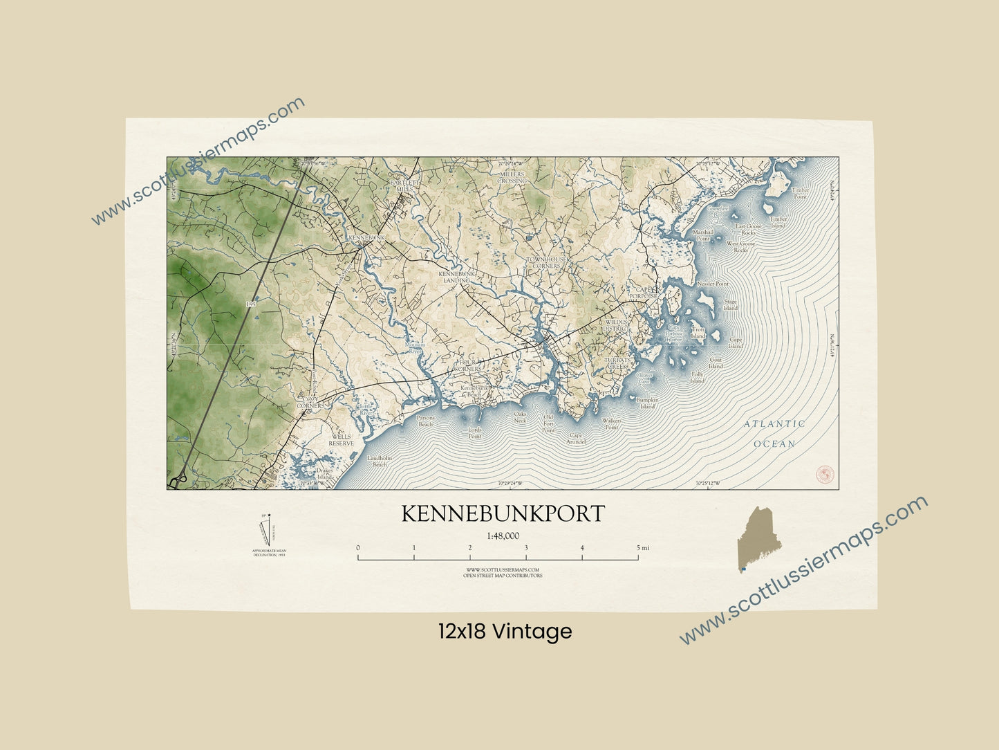 Kennebunkport Maine VINTAGE Map Art Print