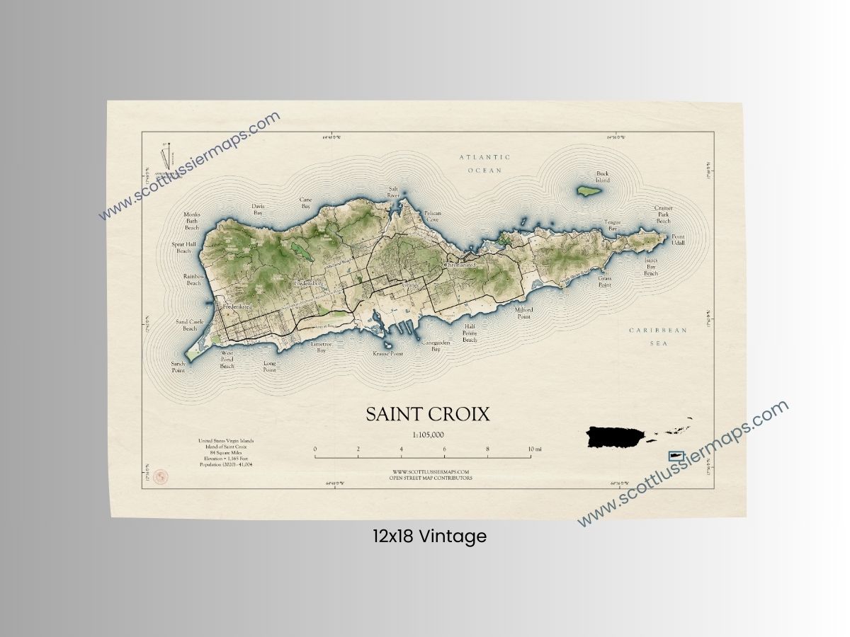 Saint Croix Map Art Print Wall Decor Travel Memory Navigate Colorful Ocean Sail Water Home Dorm Work SHORELINE, VINTAGE or WATERCOLOR style