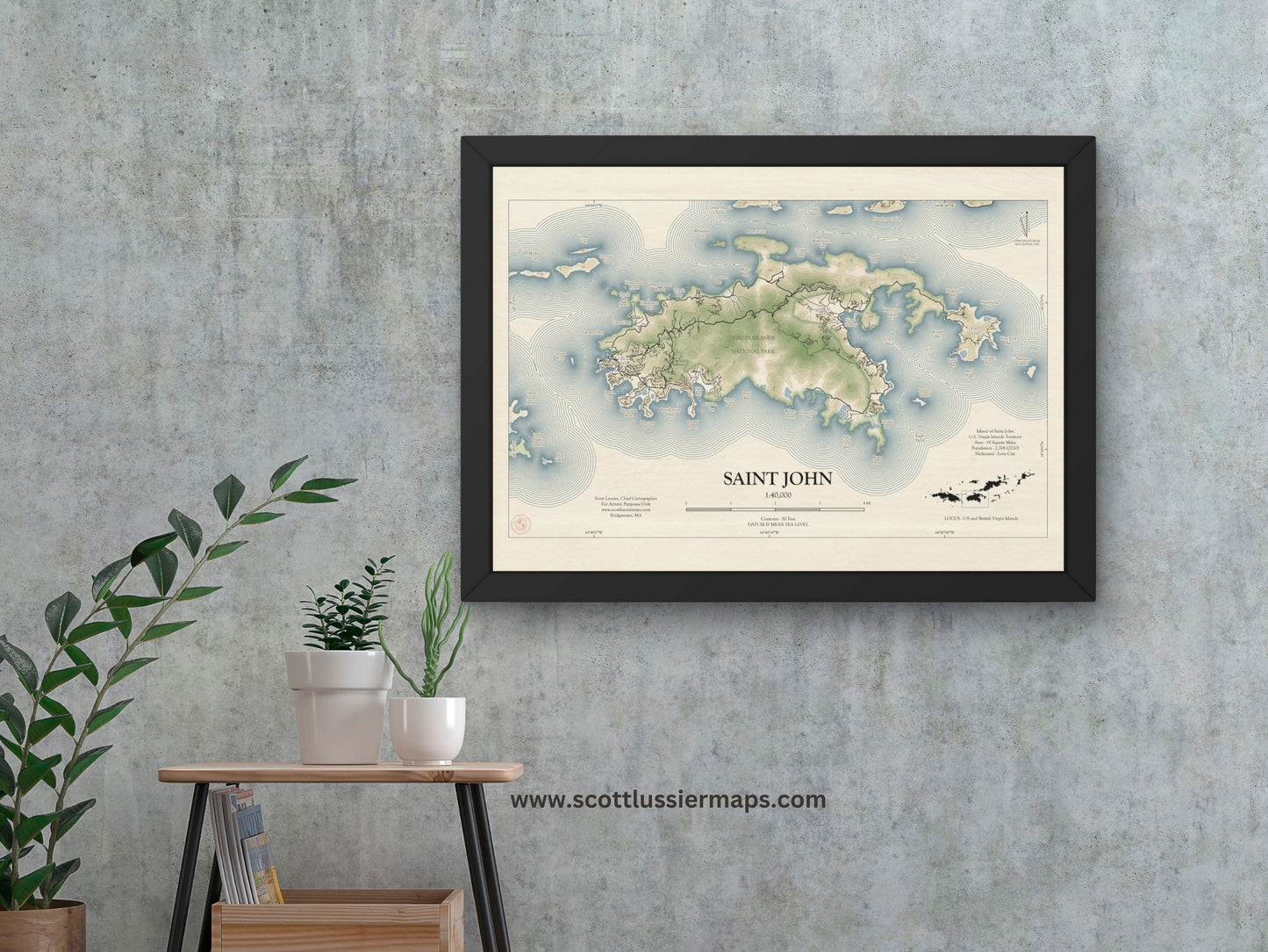 St John USVI Map Art Print Vintage Style (Old version)