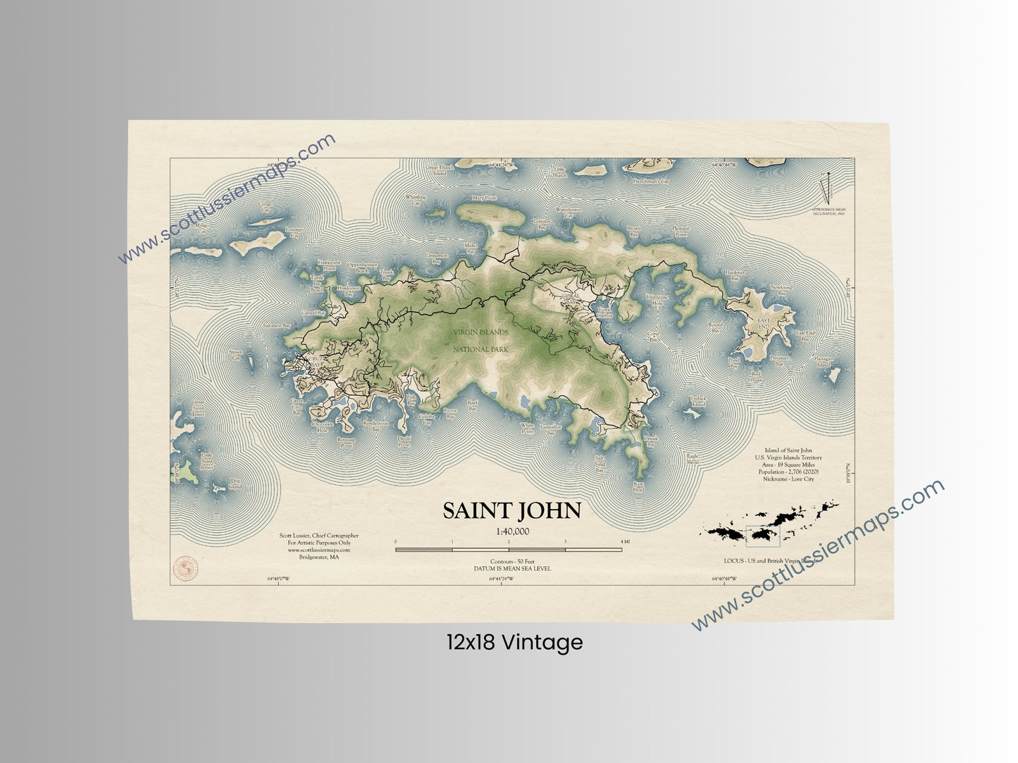 St John USVI Map Art Print Vintage Style (Old version)