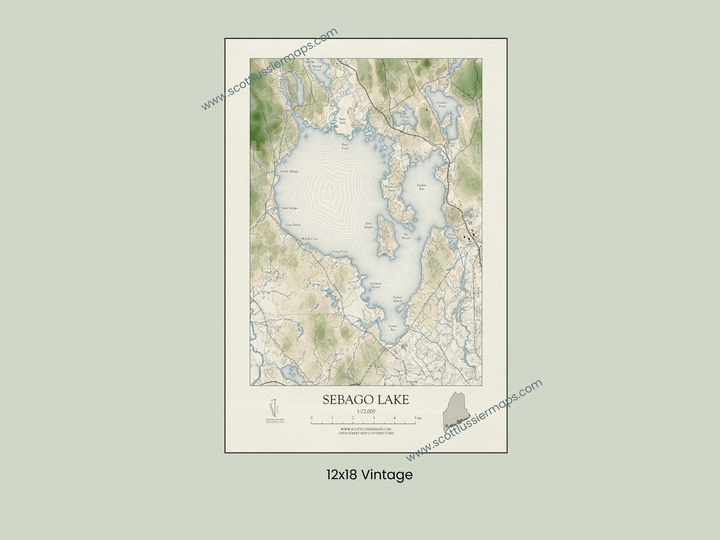 Sebago Lake Maine VINTAGE Map Art Print 0225