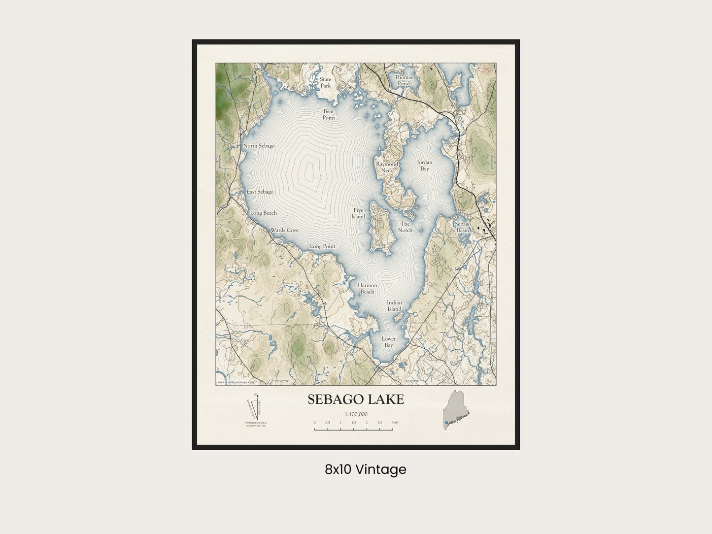 Sebago Lake Maine VINTAGE Map Art Print 0225