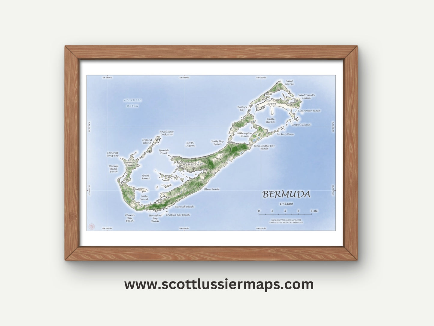 Bermuda Map Art Print Wall Decor Travel Memory Navigate Colorful Ocean Sail Water Home Dorm Work SHORELINE or WATERCOLOR Style