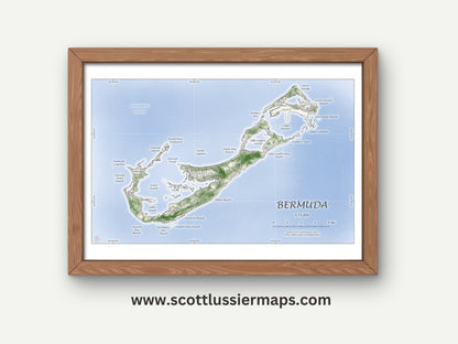 Bermuda Map Art Print Wall Decor Travel Memory Navigate Colorful Ocean Sail Water Home Dorm Work SHORELINE or WATERCOLOR Style