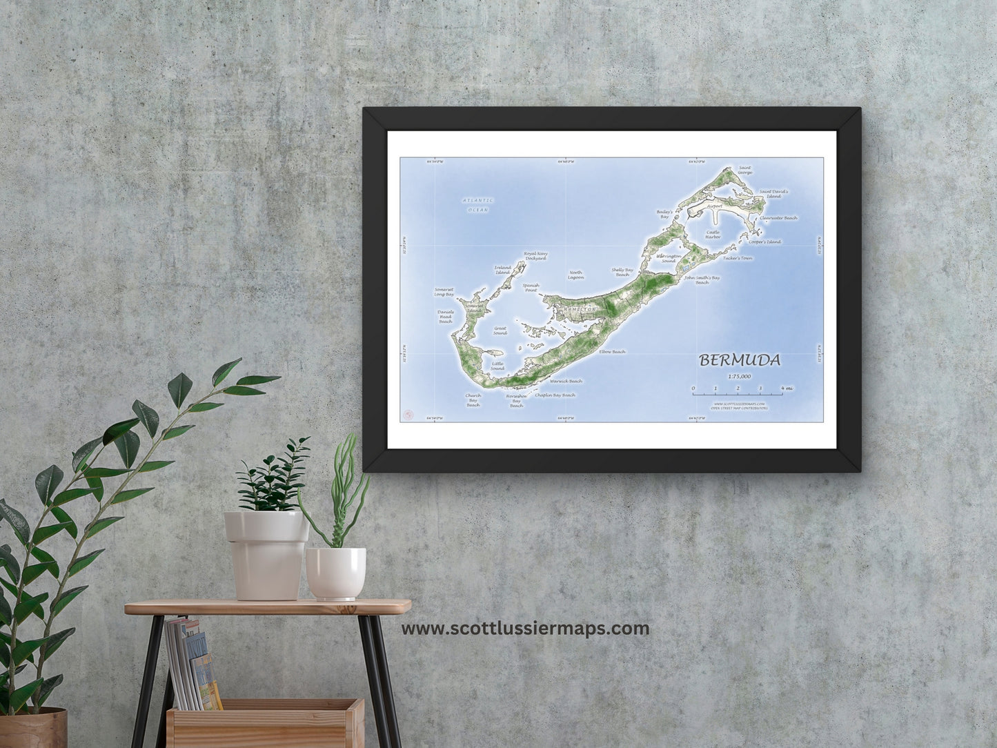 Bermuda Map Art Print Wall Decor Travel Memory Navigate Colorful Ocean Sail Water Home Dorm Work SHORELINE or WATERCOLOR Style