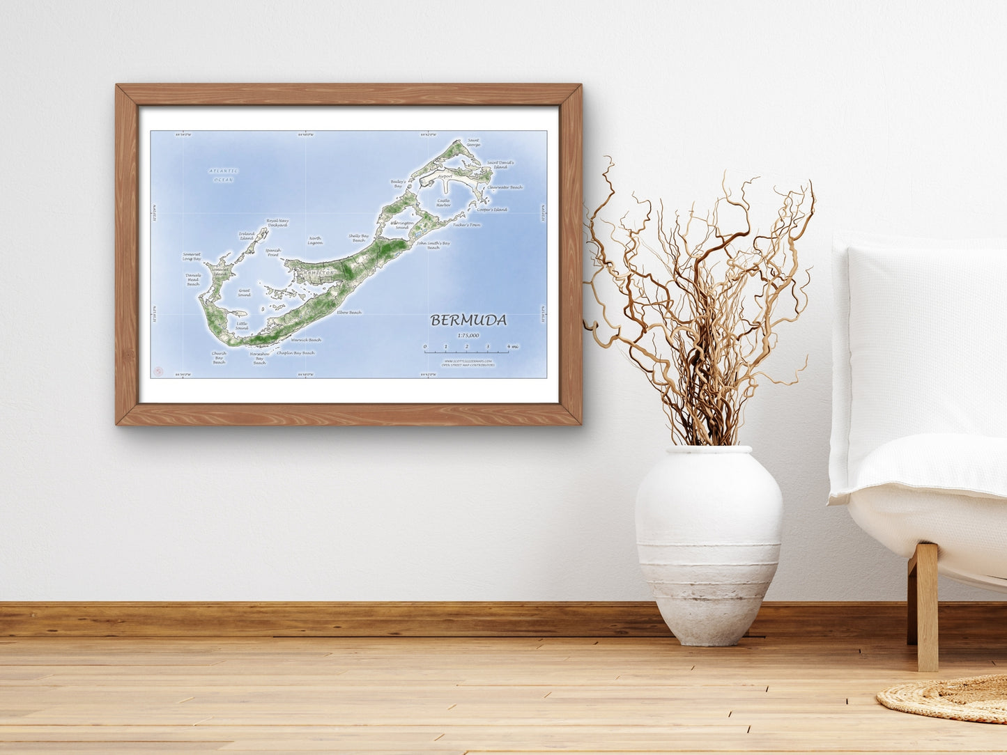 Bermuda Map Art Print Wall Decor Travel Memory Navigate Colorful Ocean Sail Water Home Dorm Work SHORELINE or WATERCOLOR Style