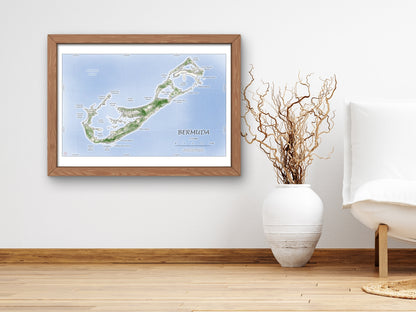 Bermuda Map Art Print Wall Decor Travel Memory Navigate Colorful Ocean Sail Water Home Dorm Work SHORELINE or WATERCOLOR Style